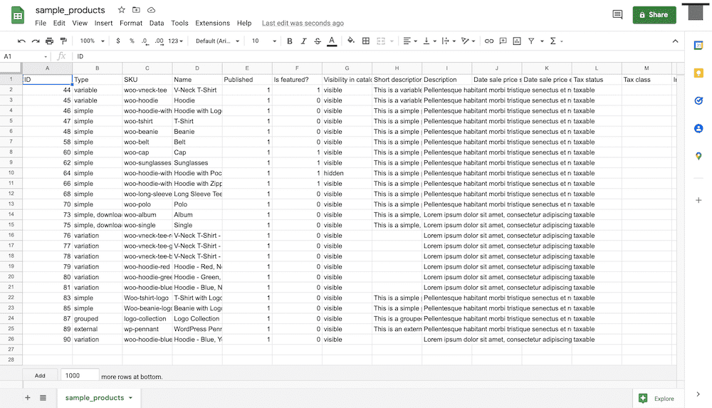 A spreadsheet showing a list of products from a WooCommerce store.