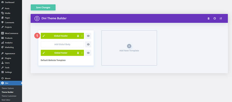 Editing the global header within the Divi Theme Builder