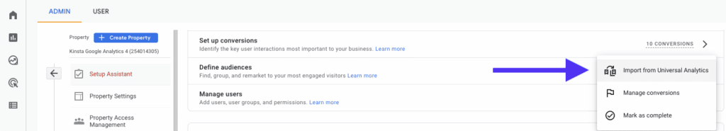 Screenshot from GA4 showing option to import conversions from universal analytics