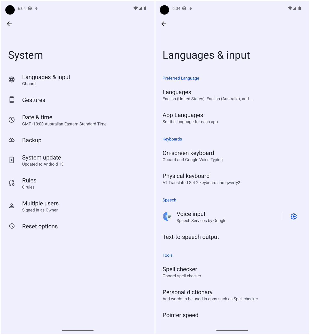 Languages and input settings in Android 13