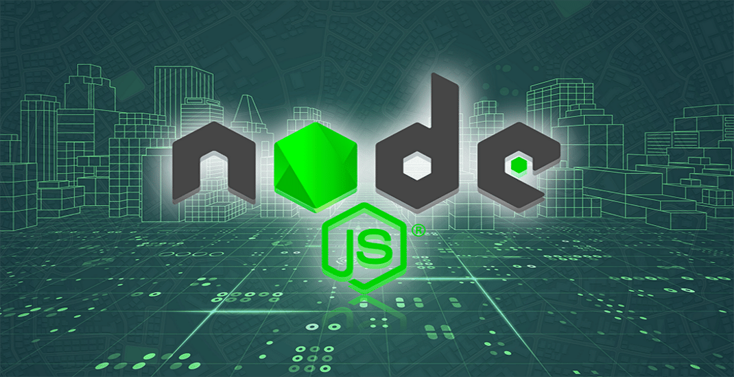 An image with an abstract green background and the official Node.js logo in its center.