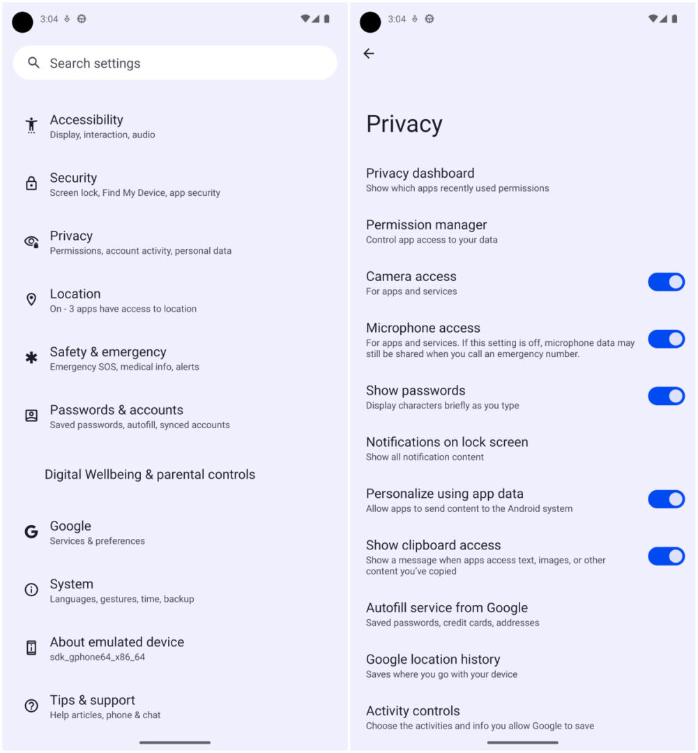 Privacy settings in Android 13