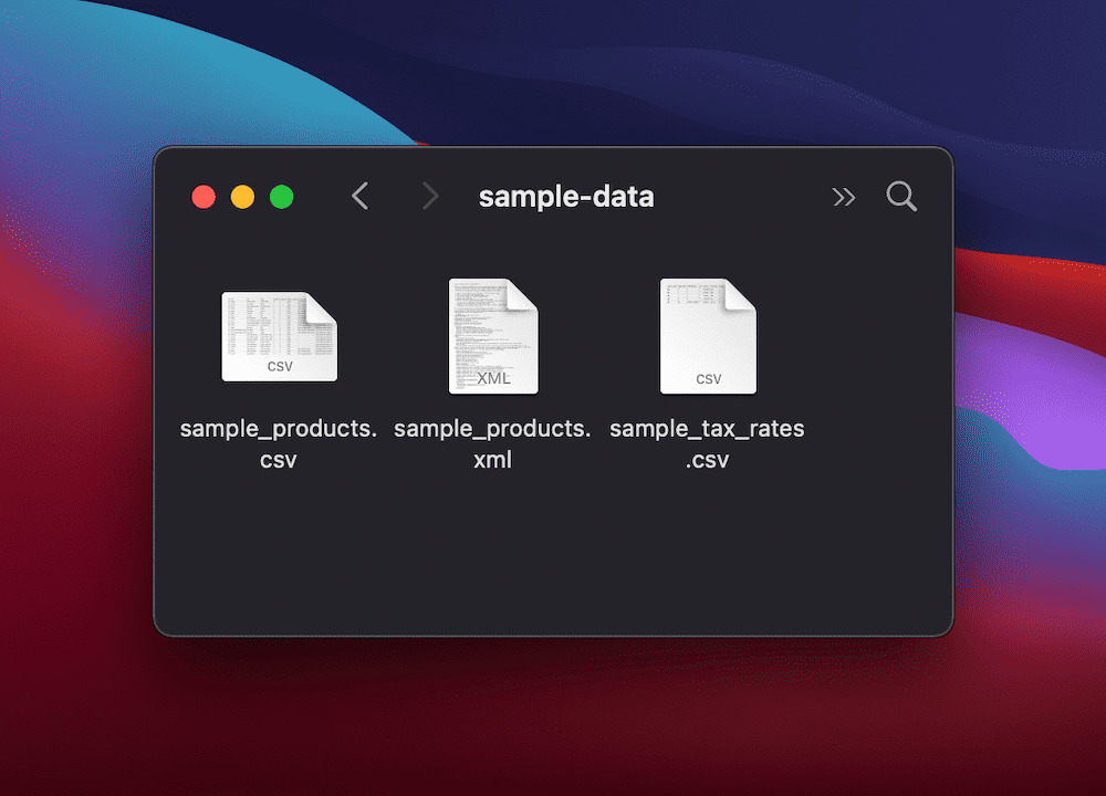 A macOS Finder window showing three files: sample_products.csv, sample_products.xml, and sample_tax_rates.csv.