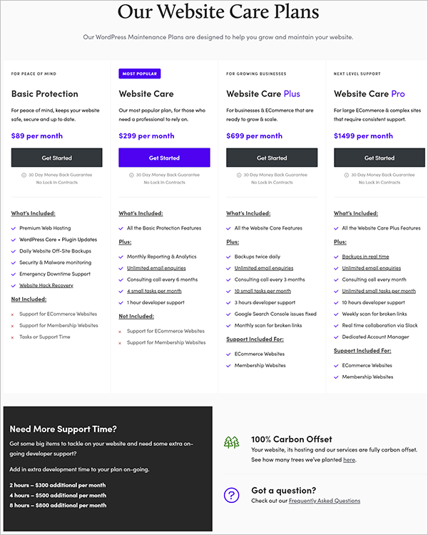 Screenshot of Strong.Digital's web care plans page.