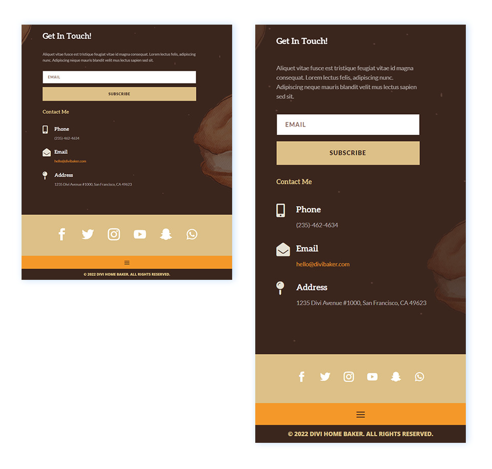 Tablet and mobile footer layout for the Divi Home Baker Layout