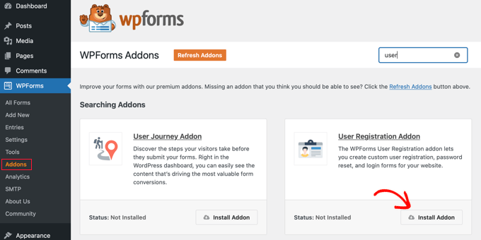Install WPForms User Registration Addon
