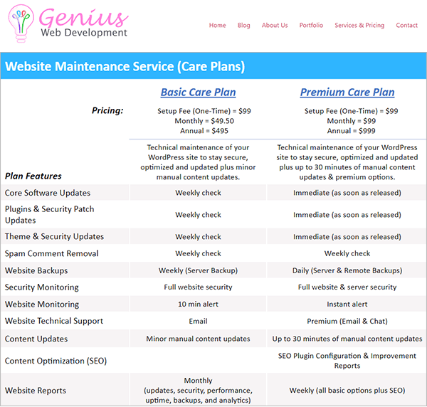 Website Maintenance Services and pricing table.