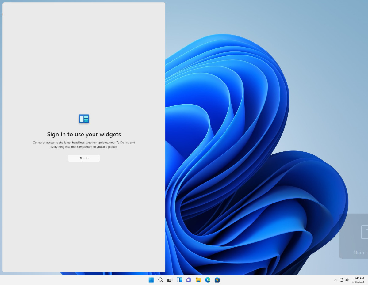 Widgets panel works with a Microsoft account