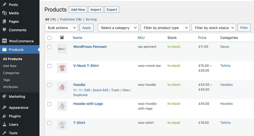 The admin panel for WooCommerce, that shows a list of products and the corresponding data fields.