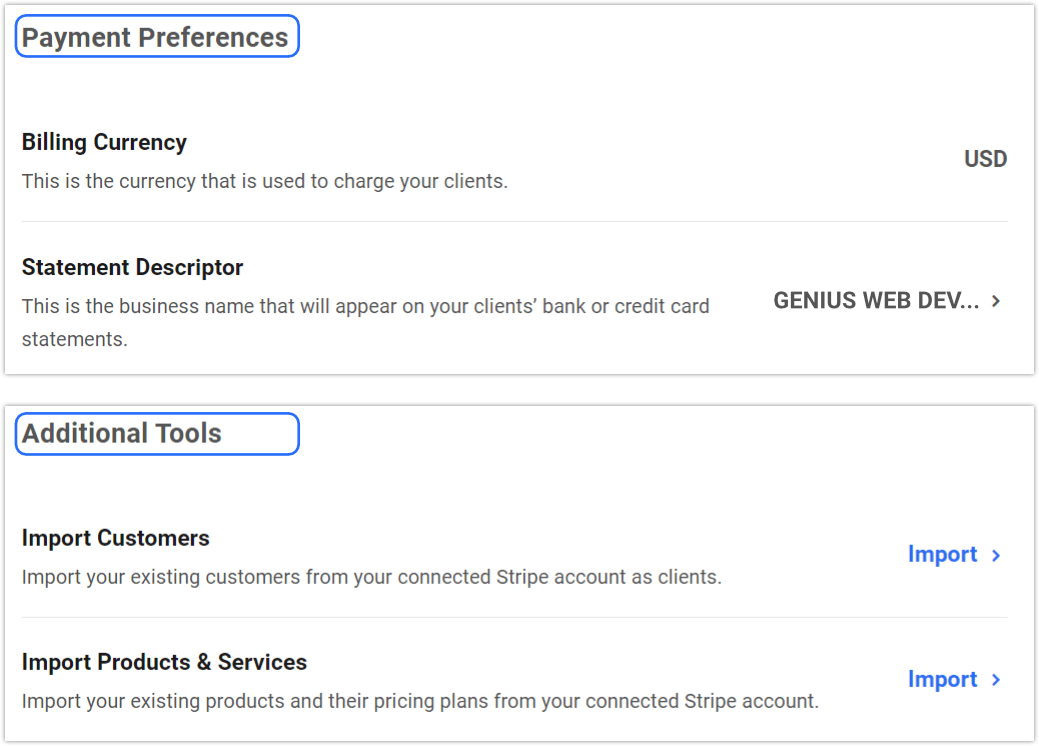 stripe payment prefs & addtl tools