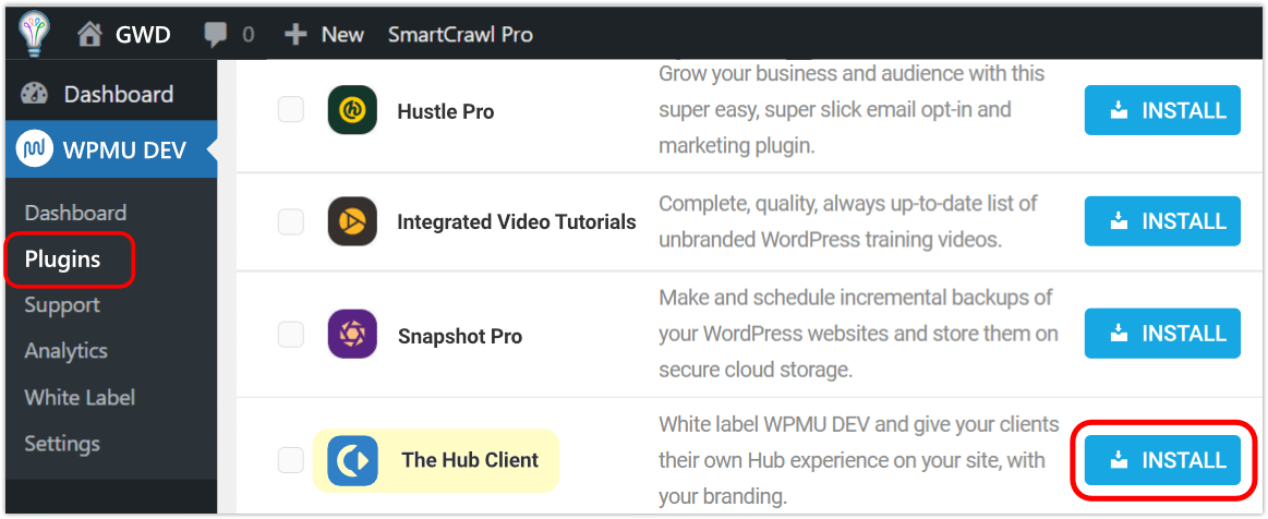 hub client wpmudev dashboard install