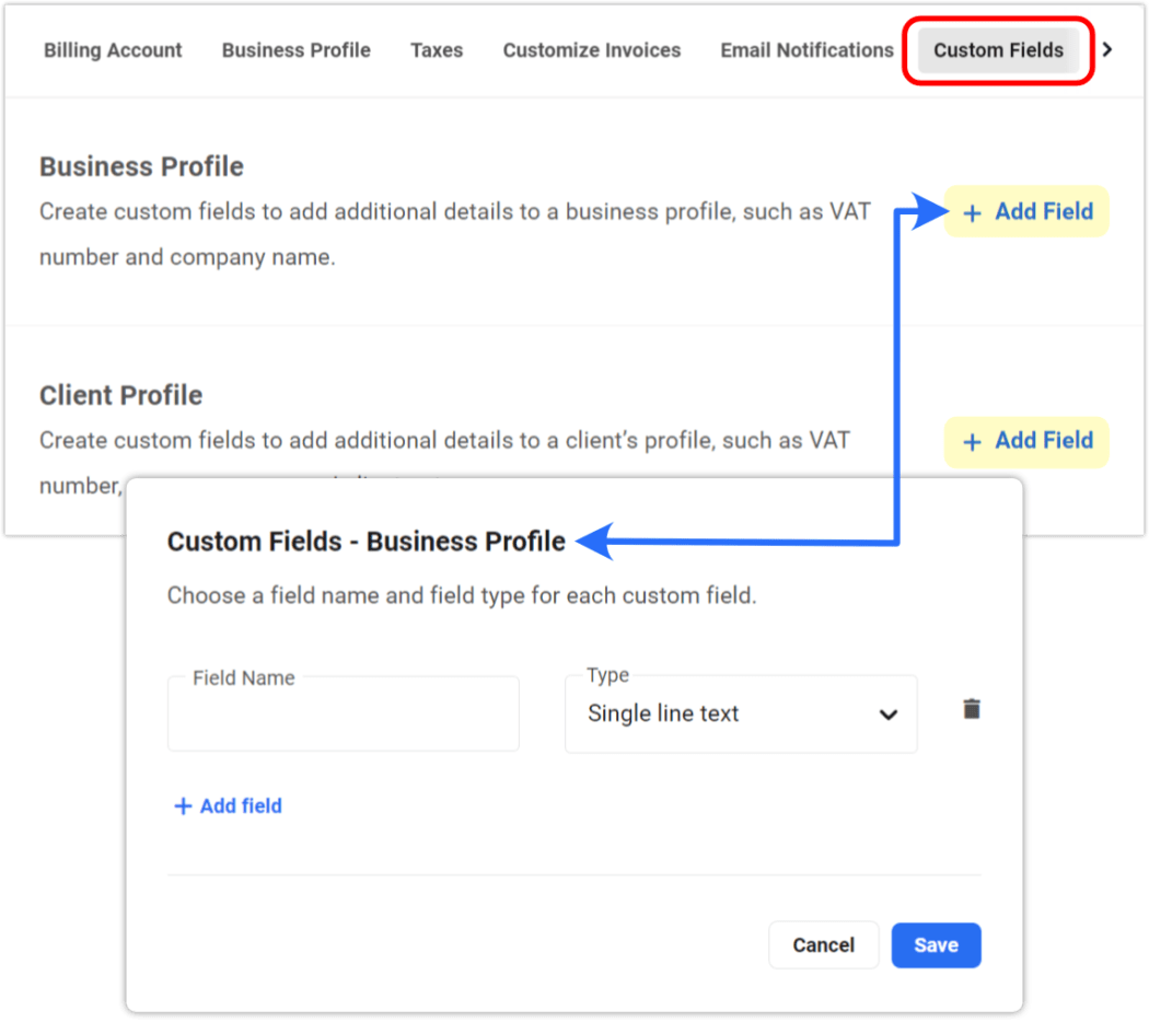 config business custom fields