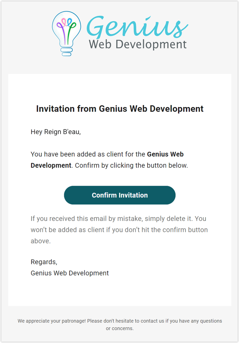 client email invitation