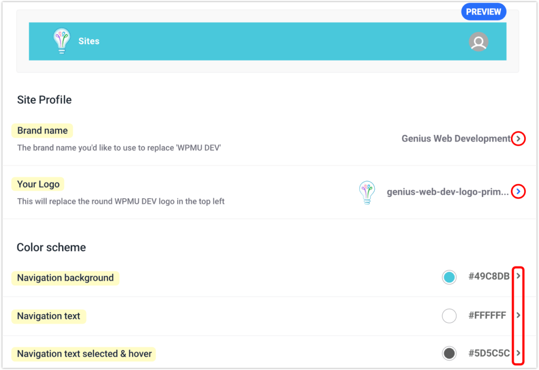 the hub client settings wp dashboard