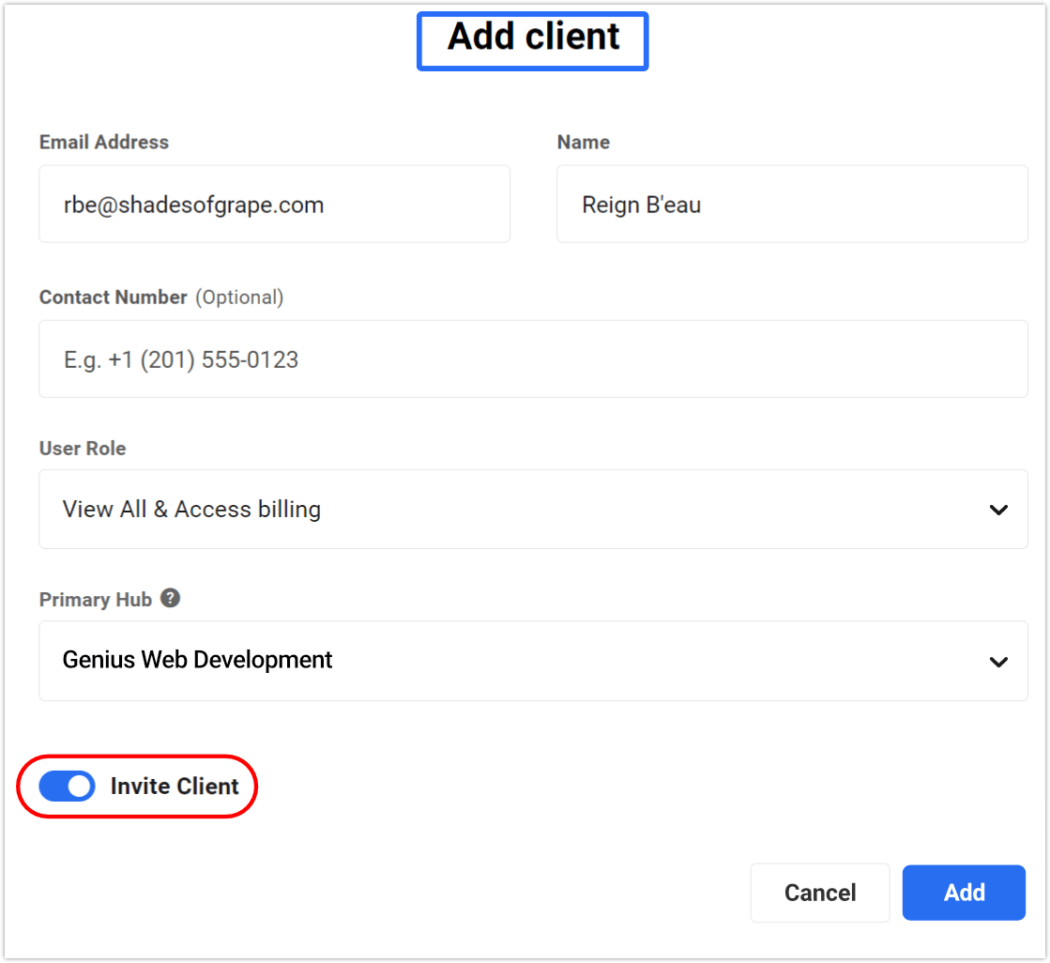 invite client from add client window