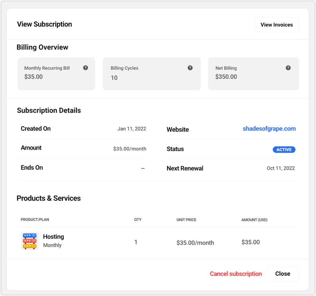 view subscription details