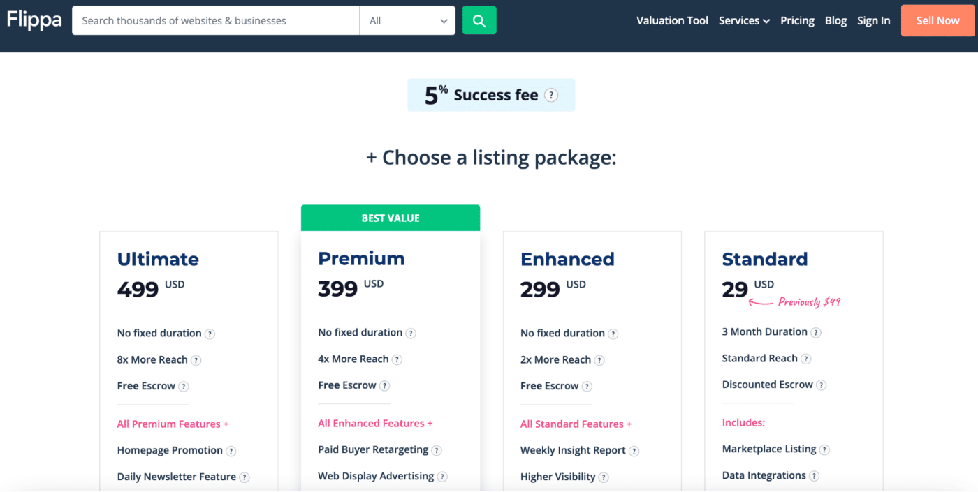 The Flippa website pricing page