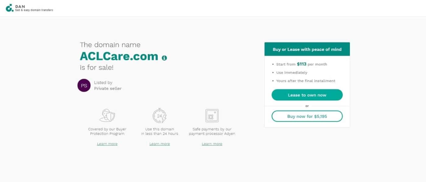 An example of a domain for sale landing page