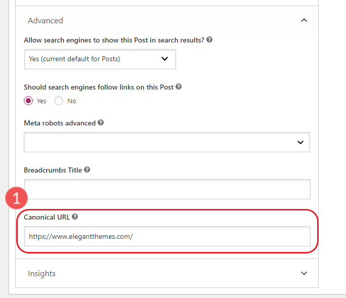 Yoast SEO Canonical URL Advanced Page Options