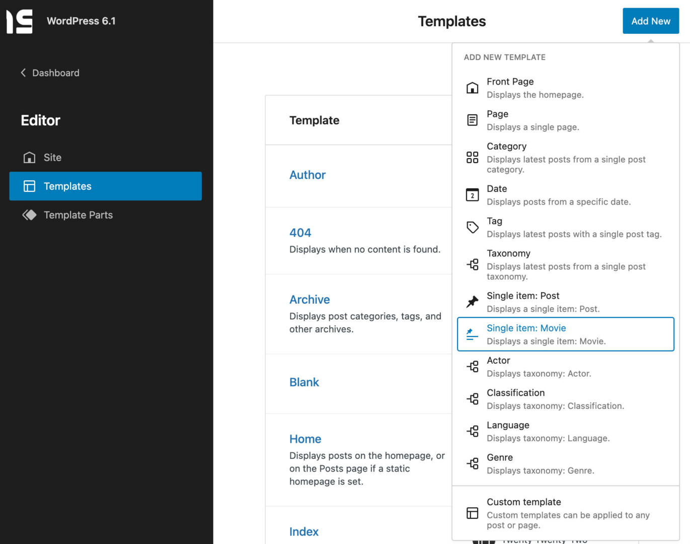 An image showing a list of templates types available in WordPress 6.1