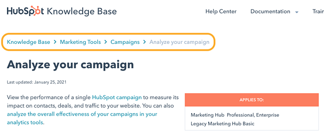 example of hierarchy breadcrumbs from the HubSpot Knowledge Base