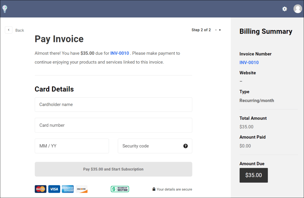 Client Billing payment page.