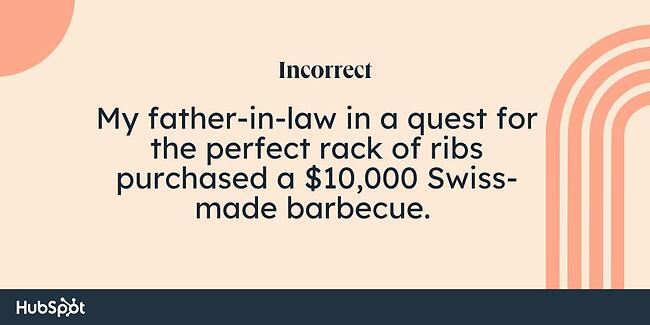 Comma rules example: My father-in-law in a quest for the perfect rack of ribs purchased a $10,000 Swiss-made barbecue. 