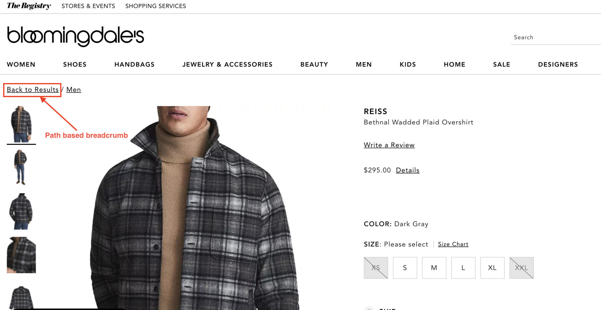 an example of path based breadcrumb navigation on Bloomingdales' website