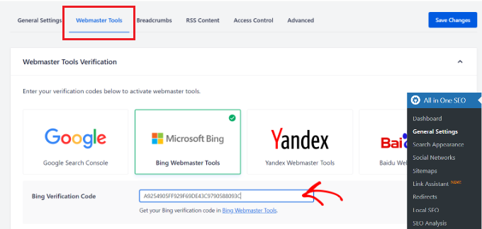 Enter Bing verification code in AIOSEO