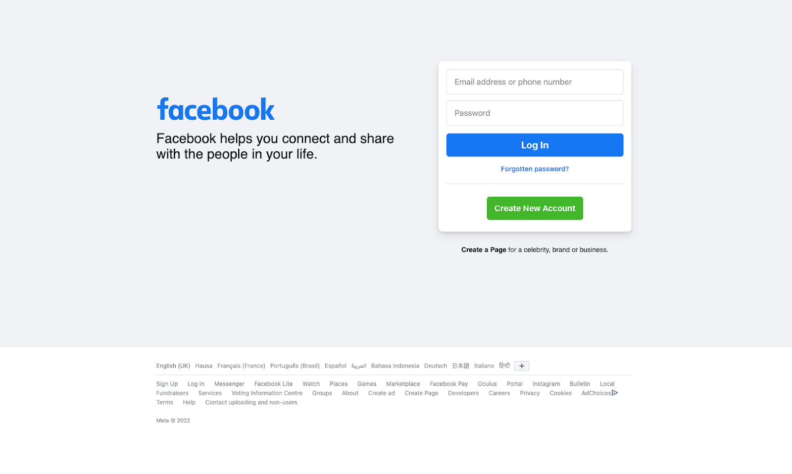 A screenshot of the Facebook login page.
