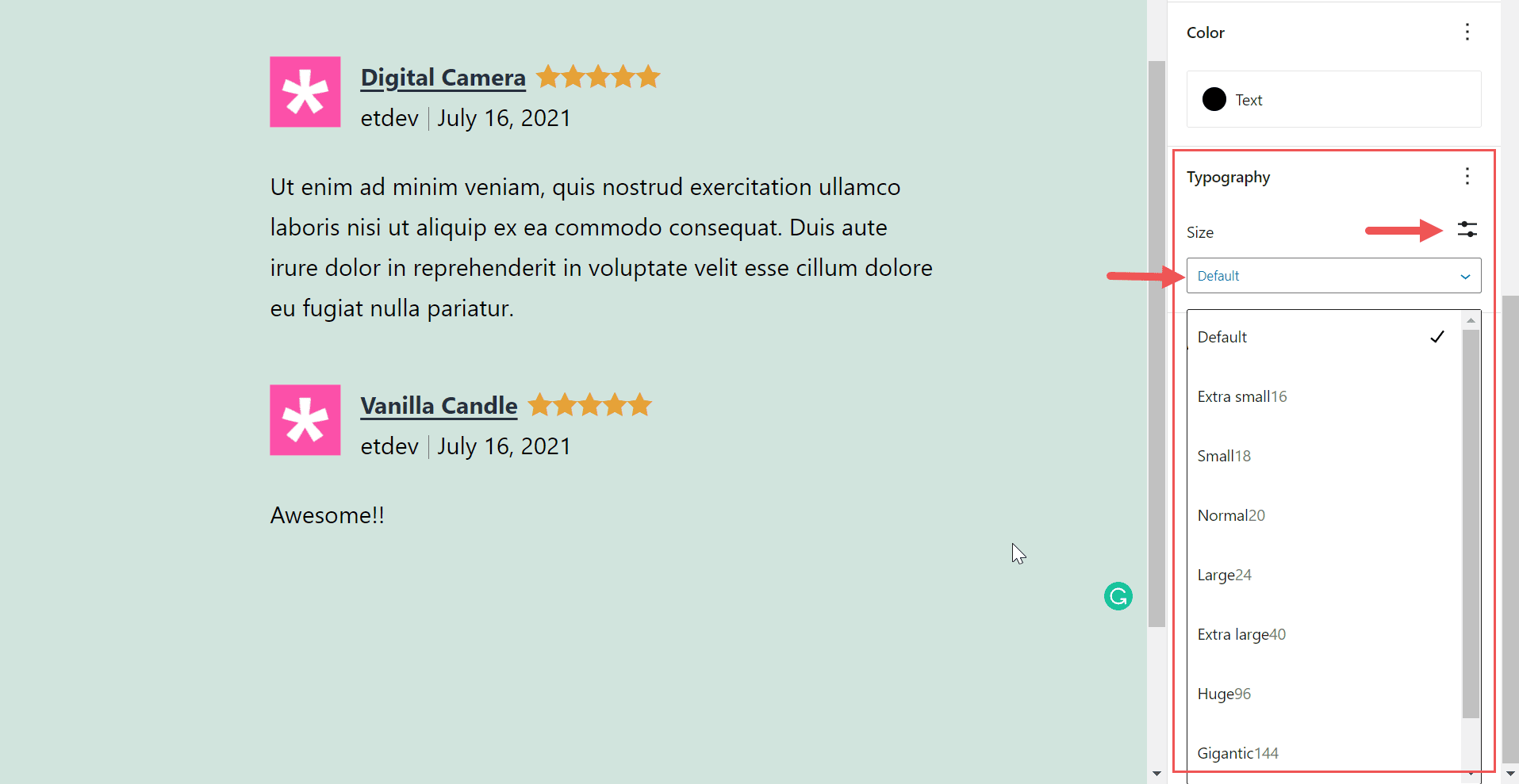 all reviews block font size