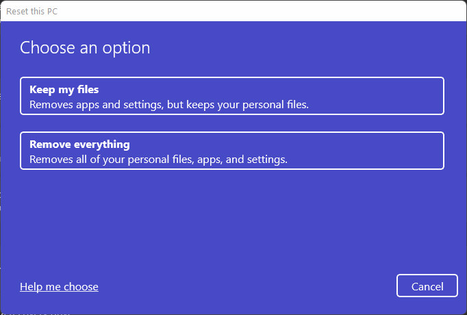 Factory Reset options in Windows 11
