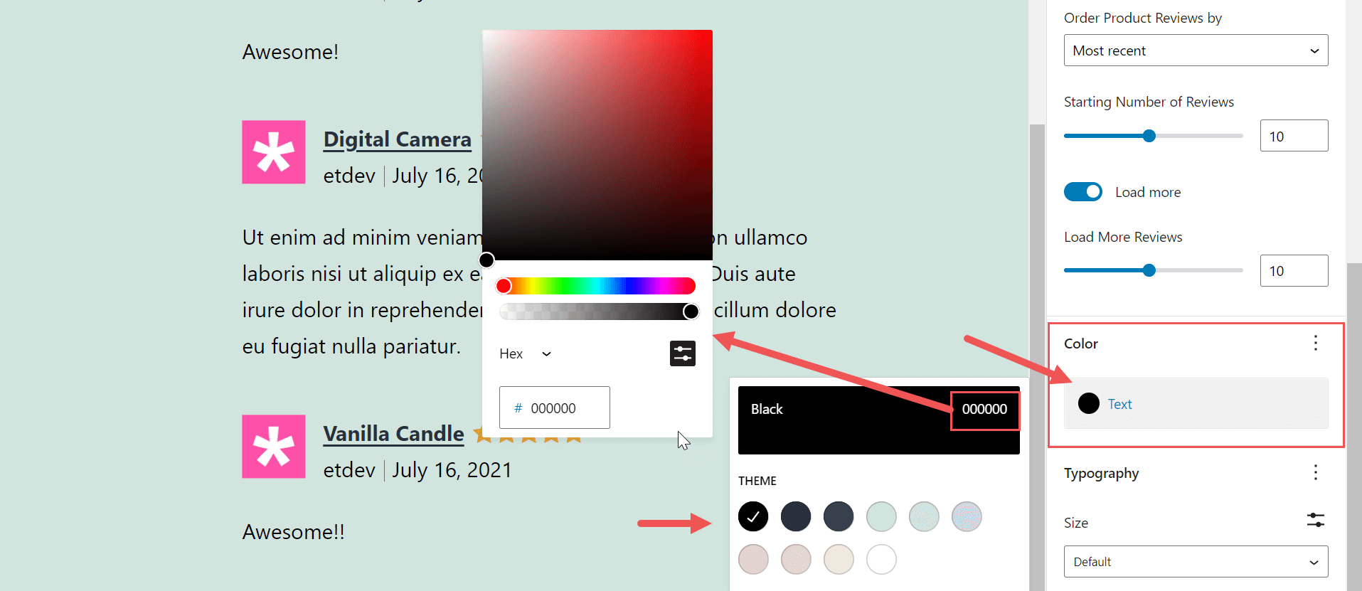 changing all reviews block text color