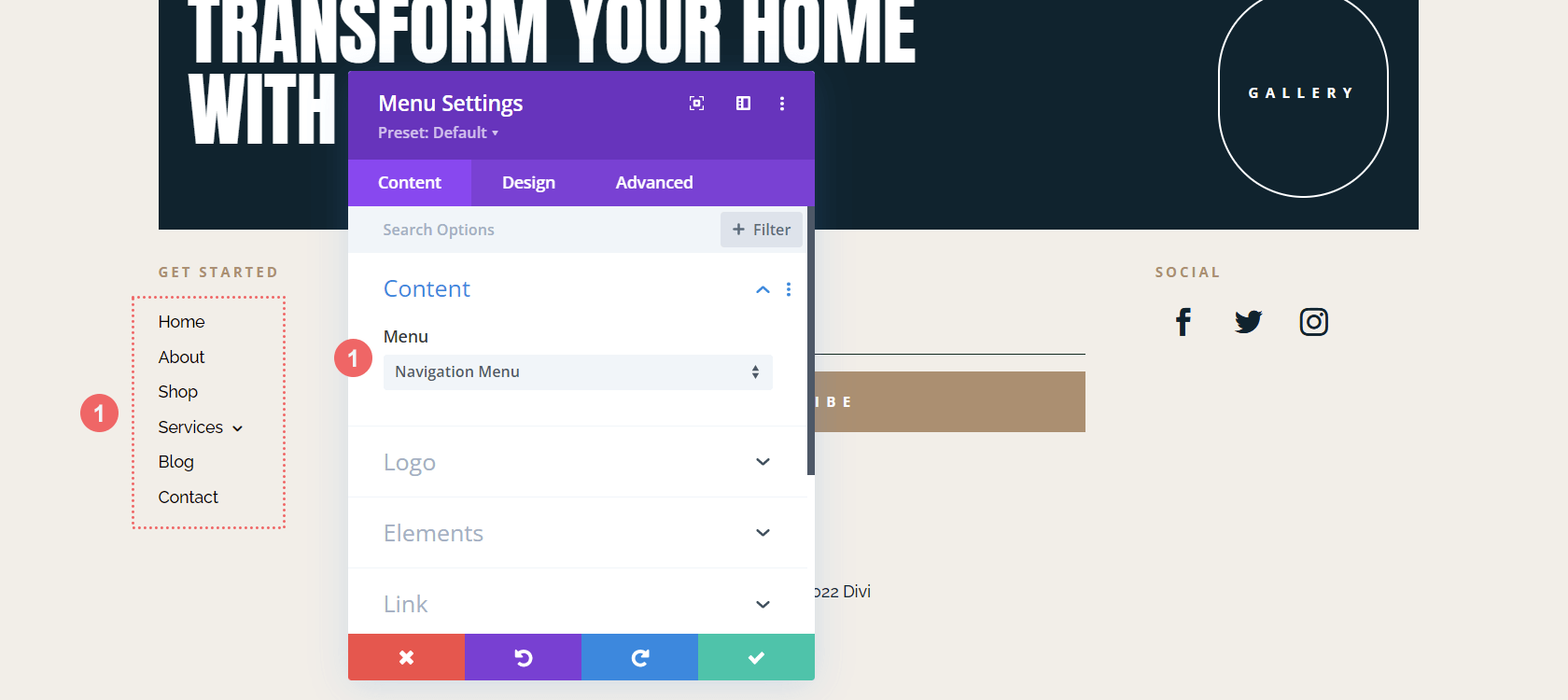 Select menu for footer Menu Module in your home remodeling template