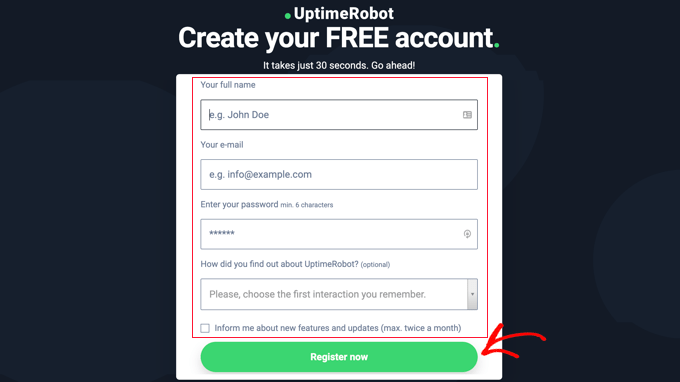 Sign Up for a Free UptimeRobot Account