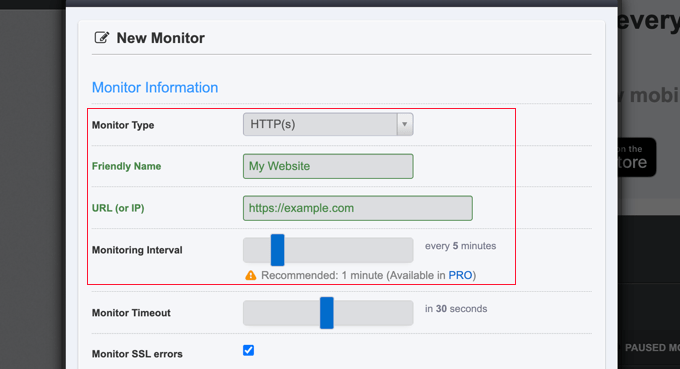 UptimeRobot New Monitor Settings