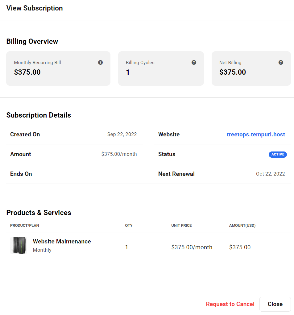 Client Portal - Subscription details example.