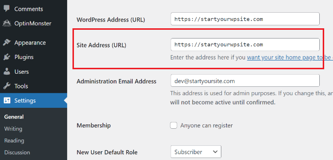 View your site address URL