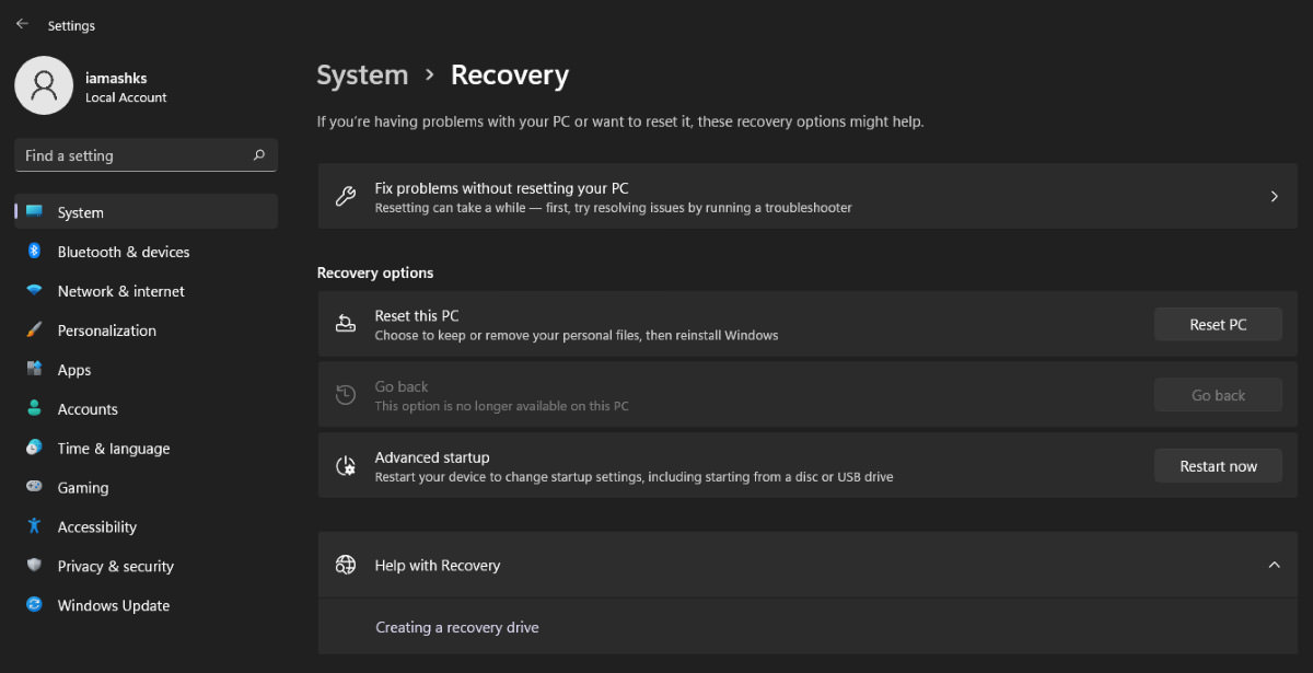 Recovery options in Windows 11
