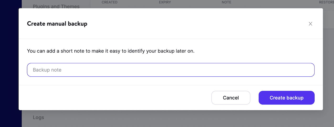 Create a manual backup in MyKinsta