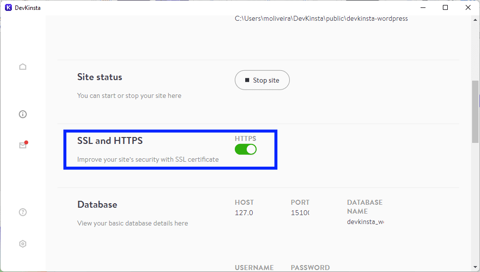 Enabling DevKinsta's SSL and HTTPS option.