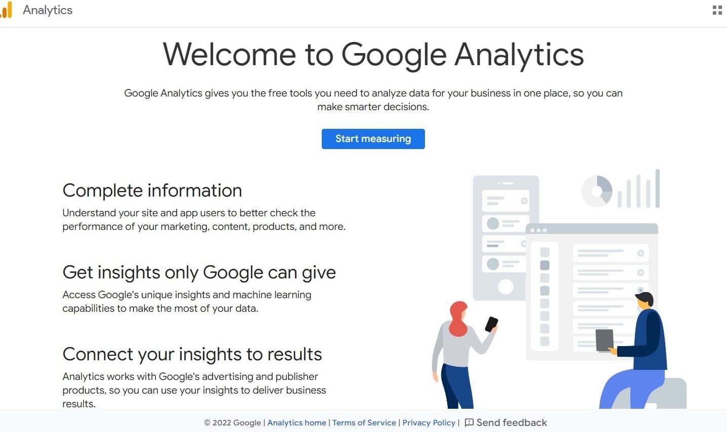 The Google Analytics homepage with the categories "Complete information," "Get insights only Google can give," and "Connect your insights to results".