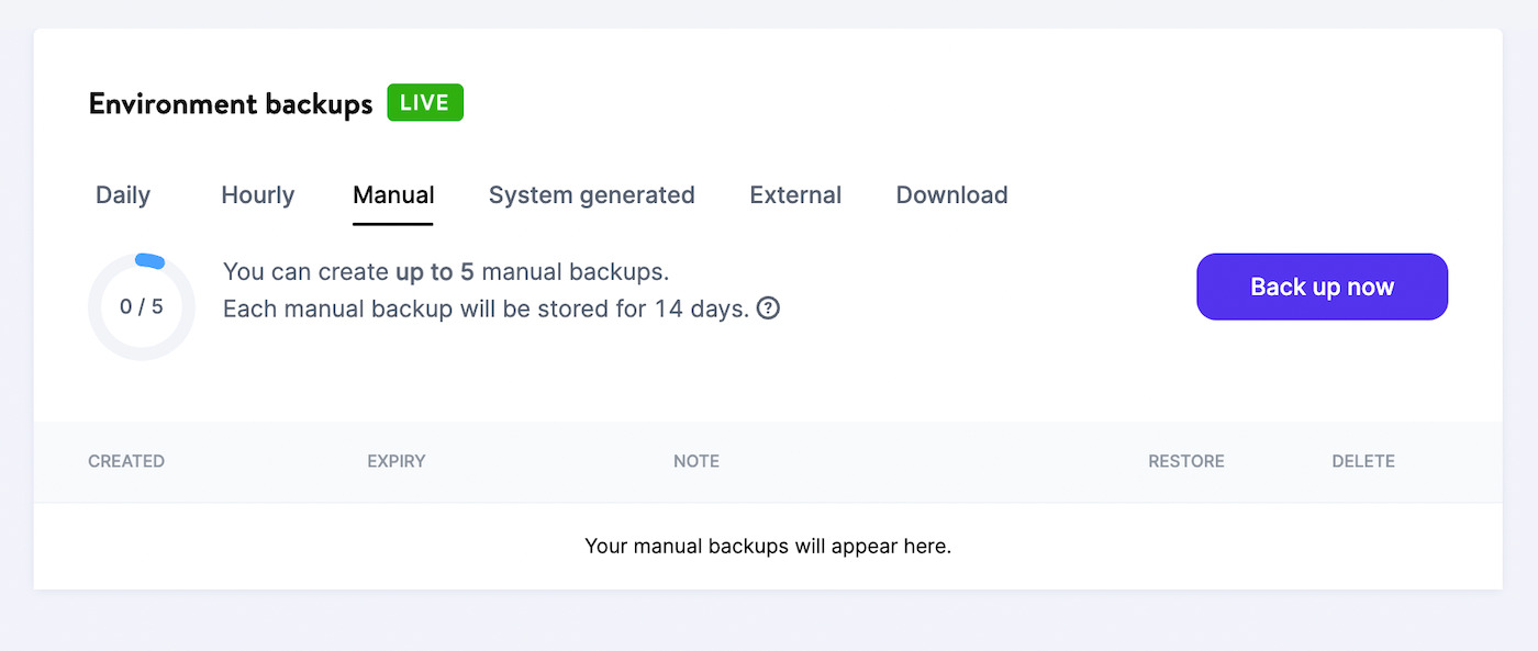 A view of manual backups in MyKinsta