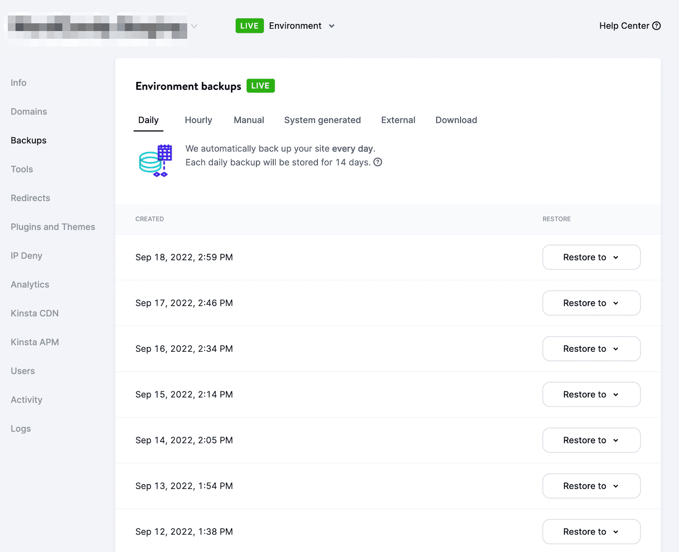 A view of automatic backups in MyKinsta