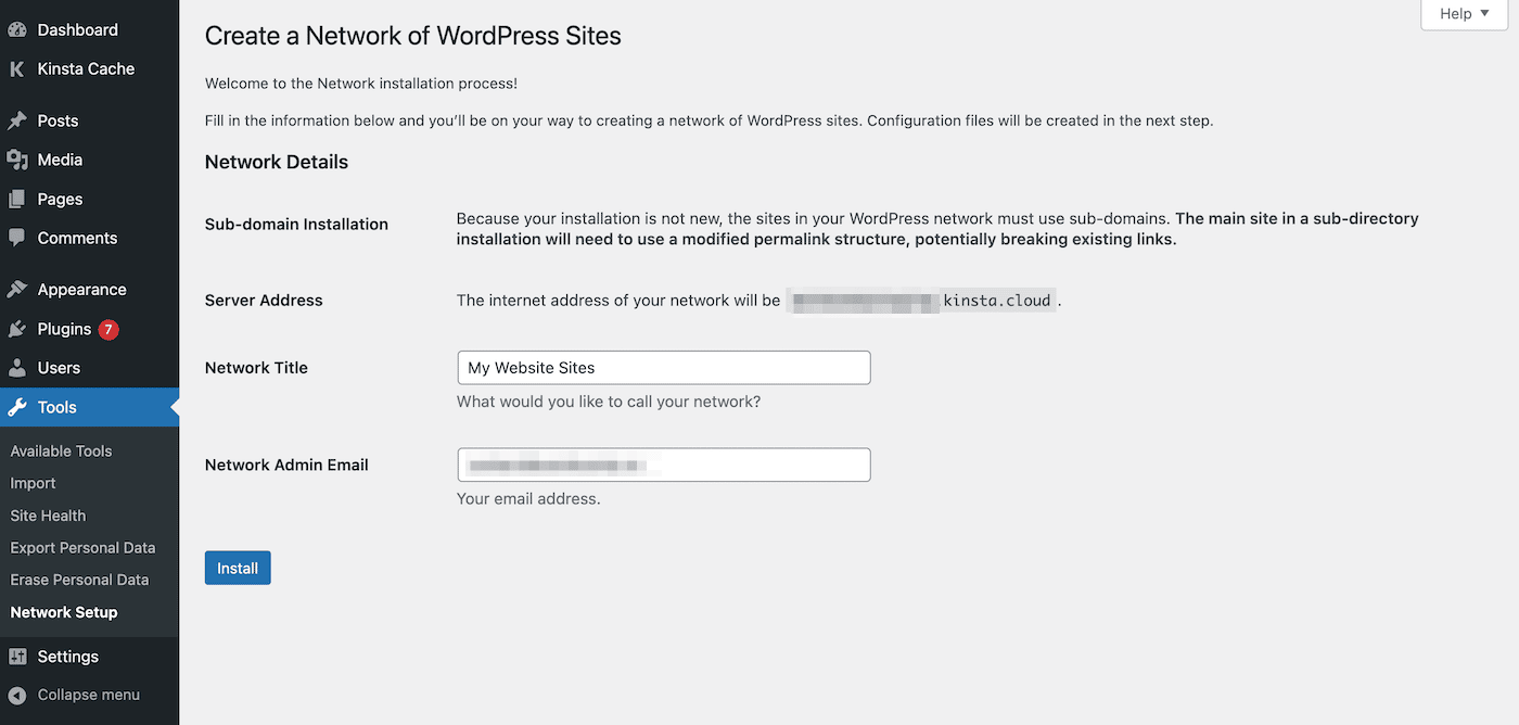 Multisite network setup in the WordPress dashboard