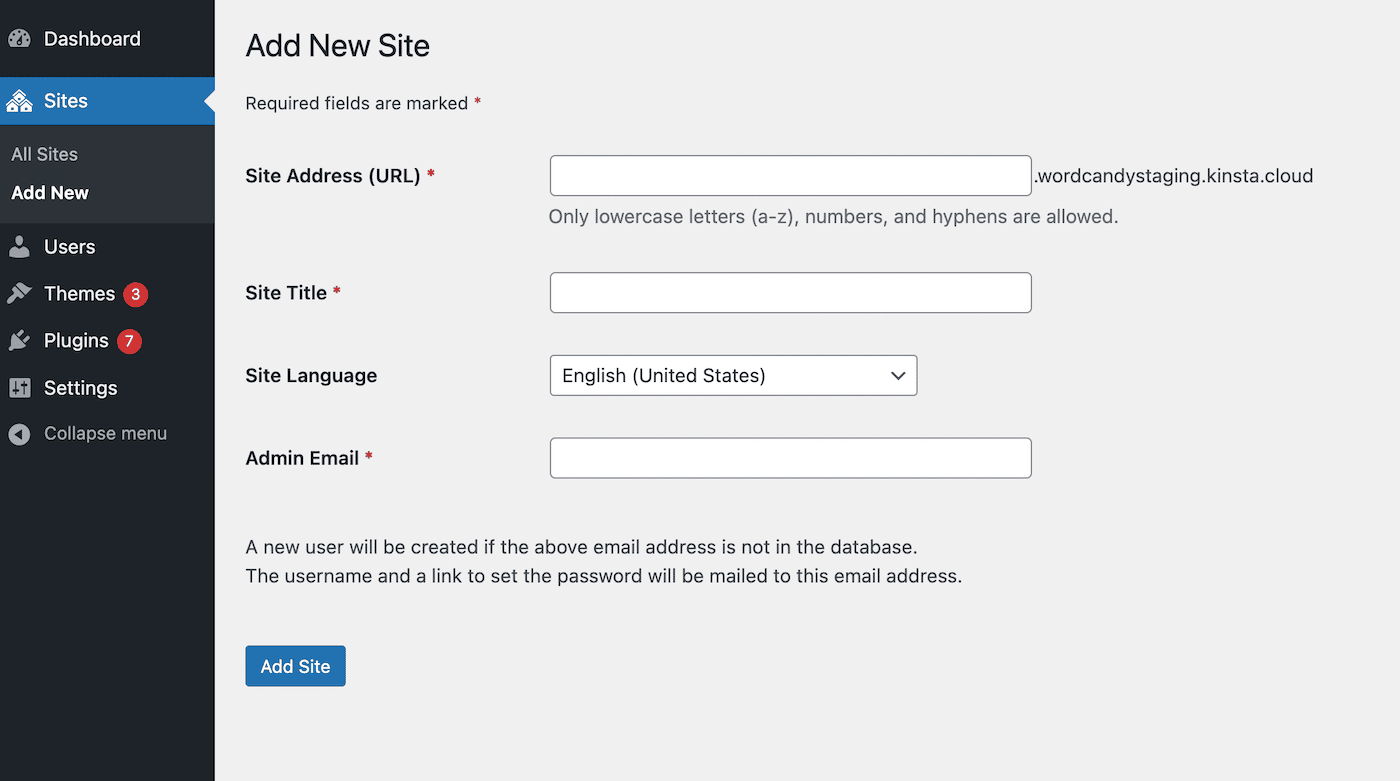 Add a new subsite in WordPress dashboard