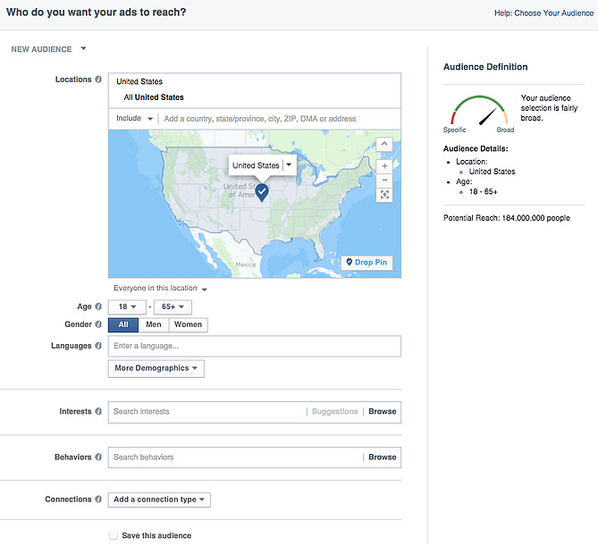 Audience creation page in the Facebook Ad Manager
