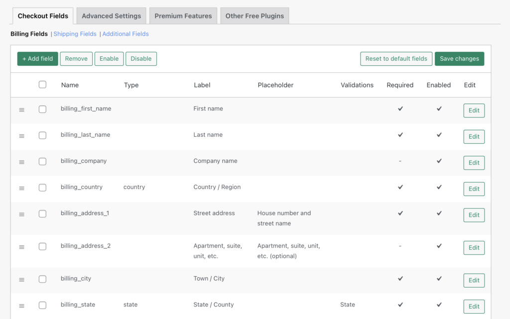 The main screen of Checkout Field Editor for editing your WooCommerce checkout page