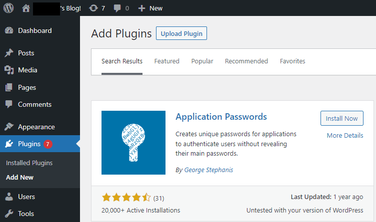 Installing and activating WordPress Application Passwords plugin. 