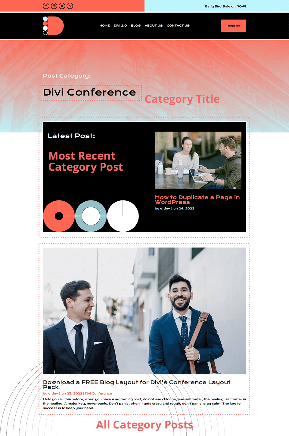 Showing the modules that automatically populate with content within the Divi Conference Category Layout